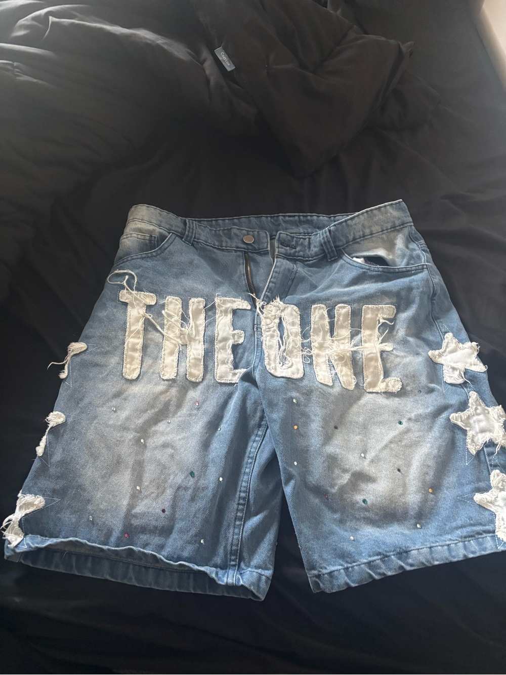 Light Blue Distressed Denim Men’s Shorts with Stud Detail